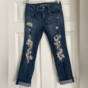 American Eagle Outfitters Dark Blue Distressed Straight Leg Jeans